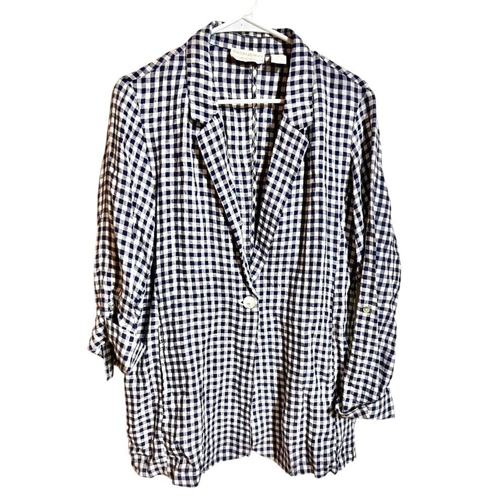 Cynthia Rowley Womens Navy White Gingham 100% Linen Roll Tab Blazer Jacket M